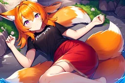 Girl, fox ears, one big fox tail, orange hair, red skirt, river, fox foot ,lies on the shore, purple fox eyes, black T-shirt, wet, happy, fox paws foot