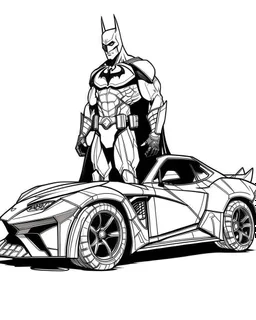 real massive Batman, with hi s vehicle coloring page, full body (((((white background))))), only use an outline., real style, line art, white, clean line art, white background, Sketch style.