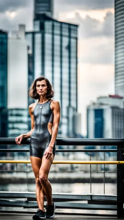 beautiful anorexic young woman, total shot, short shiny anthracite triathlon swimsuit, short brunette wavy bob hair, blurred city background