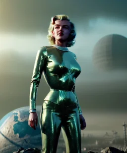 Ultra Realistic retro sci-fi 1960 scene, waist up view portrait, blonde woman, sweet young Marilyn Monroe face, perfect iris, tight latex coat, Strange planet background, Retro sci-fi style helmet, fog, rain, soft color, highly detailed, unreal engine 5, ray tracing, RTX, lumen lighting, ultra detail, volumetric lighting, 3d, finely drawn, high definition, high resolution.