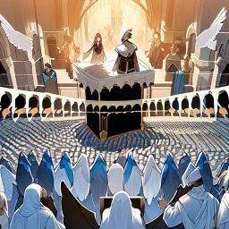 The scene in Mecca: People wearing white Ihram clothes, men without head coverings, women with veils, circumambulating around the Kaaba, and above them are transparent white spirits of children, men, and women with wings revolving around the Kaaba.