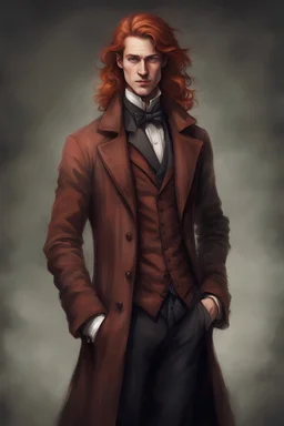 Slender and tall handsome male. Caucasian. Long and volumous red hair. With a dubious malicious smile. Using a victorian brown alchemist jacket and formal attire. Enphasis on the malicious smile.
