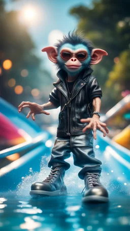 magazine cover, twisted rock star alien gremlin crow monkey rapper crew with silver boots as a pimp in heavens water slide,bokeh like f/0.8, tilt-shift lens 8k, high detail, smooth render, down-light, unreal engine, prize winning