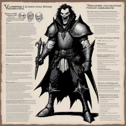 medieval character concept sheet with AD&D statistics and characteristics, [illustration by Kevin Eastman and Peter Laird] vampire lord with flashing eyes and a pale, gaunt face with sunken eyes and sharp teeth.