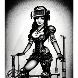 great illustrator, spanish, pencil sketch of a cute girl, beautiful, steampunk syle, black and white. Helmet with tubes. Machinery in the background. High details.