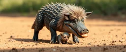 crocodile pig with fluffy hair, doing dog things and eating small dog