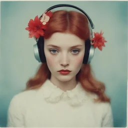 1960s Polaroid head shot of vlada roslyakova,she has freckles on her face, pouty lips, red nose, hair adorned with strange flowers, red cheeks and nose, headphone