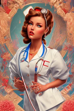 Retro-futuristic intricately drawn nurse Pin up Poster, detailed face. Beautiful woman. in the style of Full body hiphop streetwear drip highly detailed, hyperdetailed painting, complex, 8K, HD