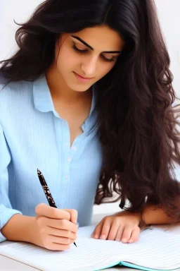 Pencil sketch of Young woman, Arab features,sad, long wavy hair, reading a book, full body، on lined paper