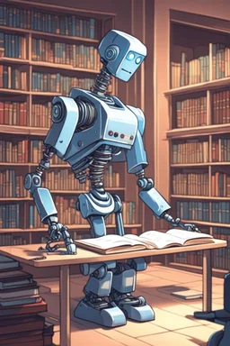 The library is serviced by computers, and there are many books on the shelves. The robot sits at the table and searches for books in the catalog in the computer Expression. High-quality drawing, 8K