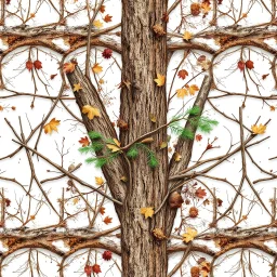 detailed Real Tree Camouflage made of sticks, twigs, tree bark, green pine branches, dried maple leaves, snow and dirt, white background, seamless repeatable texture pattern imitating a natural forest background,