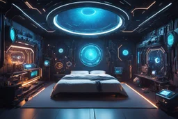 a secluded chamber, a sanctuary of explorations. The room is adorned with an array of futuristic devices, each designed to awaken and satisfy the dreams of those who dare to enter. surrounded by an assortment of probes, arms, extensions, pinacles, and slime. a large bed in the center, with pillows and soft sheets in cotton