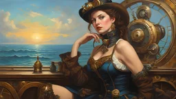 a portrait (1woman, russian) in (steampunk) style clothes, (sitting:1.1), (medium full shot), oil painting, beautiful colors, body art, trending on artstation, sharp focus, studio shot, intricate detail, highly detailed, (ocean) in the background, by WLOP, by Greg Rutkowski