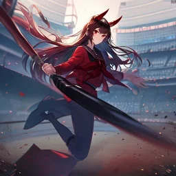 Clear focus,High resolution, Black long hair, Red eyes, Red horns, Wearing a black and red sailor uniform, Swinging a baseball bat, Looking away from the viewer, Full body, Kicking