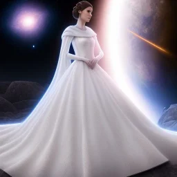 model shoot style, digital art zoomed out portrait of (Princess Leia) ((dressed in white and off white gown)), surrounded by planets, ultra-detailed, ultra quality, ((official character art)), (dark fantasy), illustration, eerie atmosphere, 8k, cinematic lighting, bokeh