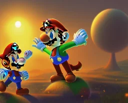 Mario and Luigi looking out into the sunset on an alien planet