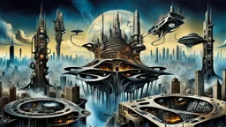 a stunningly weird image of a futuristic metropolis using Salvador Dali's paranoiac-critical method, where buildings and structures appear to melt into the skyline cityscape is filled with floating mad, twisted sharp metal shapes that interact with the buildings and each other, forming a surreal tableau of a dreamlike reality. neu-steampunk vibe, essence of the scene in a cinematic manner, with dramatic shadows that enhance the distorted perspectives and bizarre