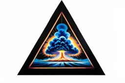 a blue nuclear explosion cloud, behind an omega like shape, all inside an equilateral triangle, radiant lines, oil painting