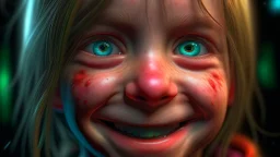 In a mesmerizing combination of brilliant and fading shades, photorealistic,a high-quality,ultra photo-realistic realism image,add several colorful waxy layers The worlds most nonpretty midle aged cocaine female user, so scary that children start to cry ,with a toothless smile, wide angle view,