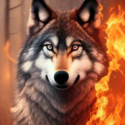 wolf, fire, forest, masterpiece, expert, 8K, hyperrealism, sharp focus, cinematic lighting, brown