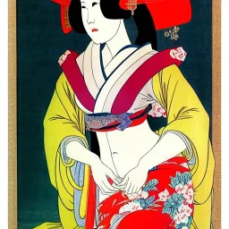 Retrato de cuerpo entero una Geisha Bella voluptuosa con kimono con el estilo de Sandro Botticelli