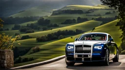 A (((Rolls Royce Supercar))) with its sleek,, featuring a bold, menacing grille and powerful lines, evoking a harmonious balance between sophistication and muscle, against a backdrop of verdant hills at noon, ideal for a dynamic desktop wallpaper