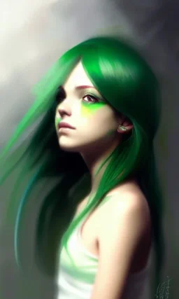 girl, cute, beautiful, green hair, casual clothes, head and shoulders portrait by Greg Rutkowski