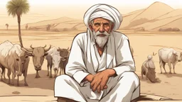 Old man, Arab, turban, white clothes, cattle, desert, council, sun, palm trees, mud houses, holding a stick, looking forward, a very slight smile.cartoon,Sitting on a chair,long beard,Mouth slightly open