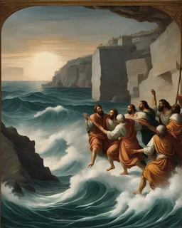 Renaissance mural of the moment when the Pythagorean disciples throw Hypasus into the Aegean Sea. Capture the split second before it falls to the dark, choppy waters below. The disciples stand at the edge of the cliff, their faces hidden in the shadows, while Hippasus is depicted with a look of shock and despair. The background features the turbulent sea and stormy sky. Created using: Raphael's mastery of perspective, rich depth of color, classic Renaissance iconography, intricate details in bot