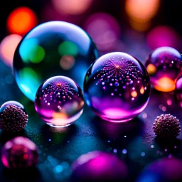 Microphotograph of glass spherules, volumetric light flowers, strong texture, extreme detail, rich moody colors, sparkles, Harry Potter, bokeh, odd