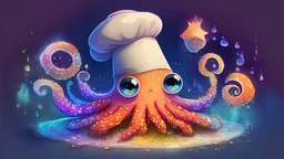 'Chef Octopus' - a colourful magical octopus in a chef hat, getting ready to cook dinner; cute, cartoon style, big eyes, adorable, glittery, sparkly, radiant, glowing, kitchen, magical