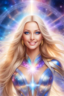 cosmic woman smile,beautiful ufos rainbow, admiral from the future, galactic confédération, fine whole face, crystalline skin, expressive blue eyes,rainbow, smiling lips, very nice smile, costume pleiadian, Beautiful tall woman pleiadian Galactic commander, ship, perfect datailed golden galactic suit, high rank, long blond hair, hand whit five perfect detailed finger, amazing big blue eyes, smilling mouth, high drfinition lips, cosmic happiness, bright colors, blue, pink, gold, jewels, realist,
