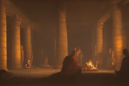 Stone temple interior, venerating fire, Dark atmosphere