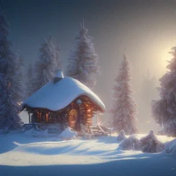 Mysterious christmas night, a small lonely hut, surreal atmosphere, cosmic backdrop, celestial ambience, soft lighting, very chilly appearance of the surroundings, unreal engine 5 volumetric lighting, intricate details, realistic style, 8k resolution