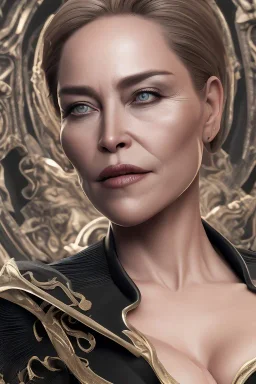 Sharon Stone as evil queen in black leather gown, cleavage, angry, dominant, emperious, stern look unreal 5, octane render,cinema4d, dynamic lighting, dramatic lighting, 4k, redshift render, highly detailed, hyper realistic