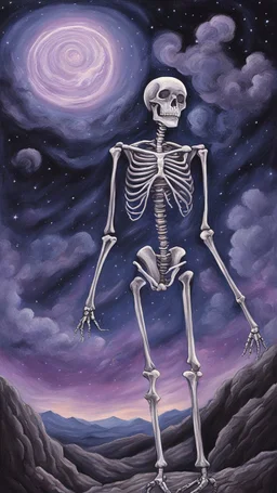A pastel painting of a skeleton on a hilllookin into the night sky. A nebular in the sky. Painting. Purple colours. Blue colours. Colorful.Pastel colours. Masterpiece.