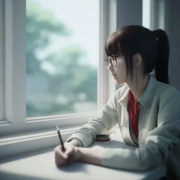 female student studying by the window, anime style,perfect face, cool face, ultra detail, unreal engine 5, cinema4d, sun light, studio lighting --ar 1:1 --v 4