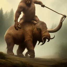 a cave man riding a wild moolly mammoth hyper realistic