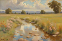 sunny day, clouds, rocks, puddle, mountains, flowers, epic, hans am ende, and friedrich eckenfelder impressionism paintings