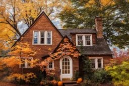 Cabin in the woods, autumn colors, lake with crystal clear water, mountains bokeh background, serenity.