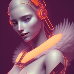 A beautiful portrait of a cute cyberpunk woman happy smiling in Alexandre cabanel style, grain on the skin, orange color scheme, high key lighting, volumetric light high details with white stripes and feathers full length clean art NFT, soft lighting, soft pastel gradients, high definition, blender 3d cinematic, op art, visionary art, sacred geometry, fractal, white balanced