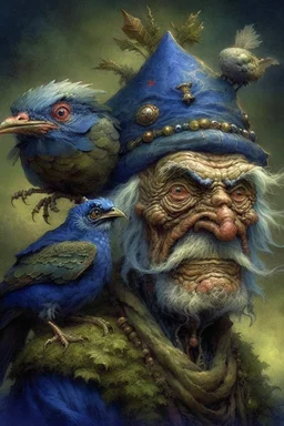 a painting of an old man with a bird on his head, a character portrait by Wendy Froud, cgsociety, fantasy art, storybook illustration, grotesque, detailed painting