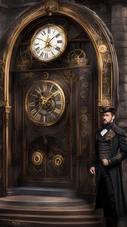 a time-gate , clocks, and time portals. Showcase detailed Victorian-inspired steampunk attire and emphasize the fusion of past and future elements