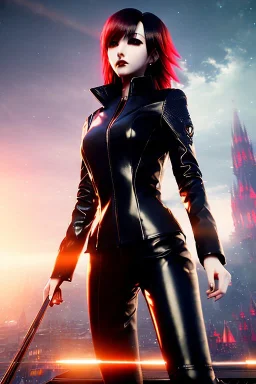 anime vampire, portrait from waist up, pale skin, latex and leather attire,, intricate eyeliner, vibrant eyeshadow, clear completion, soft lighting, 4k resolution, intricate details, insanely detailed, colorful cityscape background, masterpiece, expert, cinematic smooth, retroanime style, realistic details, no helmet