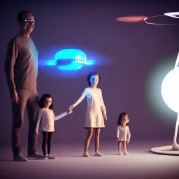 Ultra Realistic classic family portrait, living room. father. mother. daughter. alien pet. Little flying drone. retro futuristic, minimal style. smile, happy. highly detailed, concept art, unreal engine 5, ray tracing, RTX, lumen lighting, ultra detail, volumetric lighting, 3d, finely drawn, high definition, high resolution.