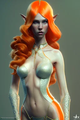 painting of a tall elven young woman with short light orange hair and freckles on the cheak bones and tall body of a topmodel light clothes, full body shot, ultra realistic, concept art, intricate details, eerie, highly detailed, photorealistic, octane render, 8 k, unreal engine. art by artgerm and greg rutkowski and charlie bowater and magali villeneuve and alphonse mucha