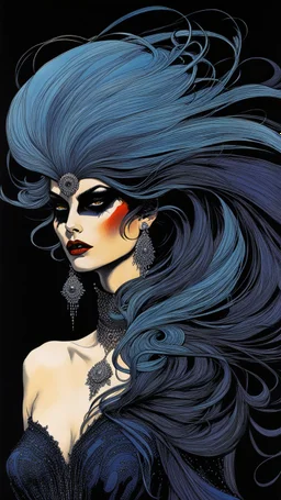 Jean- Giraud Moebius, Vogue style, ink oil fashion illustration, (full body, close up, shot:1.6), haute couture, goth vampire girl with highly defined hair and facial features, black mascara, broad brushstrokes, energetic, highly detailed, boldly inked, vivid natural color, on black background