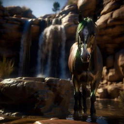 portrait of a pegasi in front of a staircase into a portal to the desert in the middle of a waterfall, photo-realistic, shot on Hasselblad h6d-400c, zeiss prime lens, bokeh like f/0.8, tilt-shift lens 8k, high detail, smooth render, down-light, unreal engine, downlight