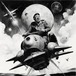 by Russ Mills and Norman Rockwell, Iconic movie still of Slim Pickens riding a ICMB in Dr. Strangelove, hyperrealistic, vintage 60's movie cinema aesthetic