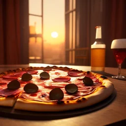 Delicious realistic pizza, sunset, light from window, shiney texture, unreal engine 5, 8k resolution, photorealistic, ultra detailed, by greg rutowski